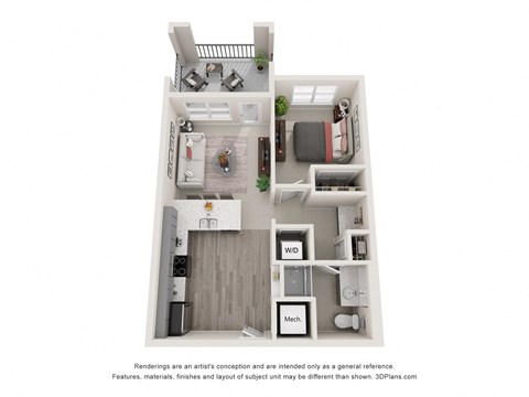 1 Bed 1 Bath Geer Floor Plan | 674 Sq. Ft.  at Ellis Station, Durham, NC